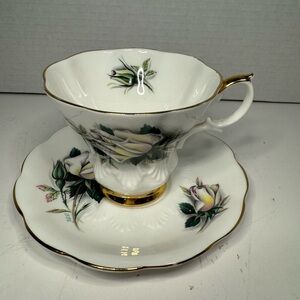 Royal Albert Helen Teacup and Saucer: Artist Signed White Rose, Lyric Shape